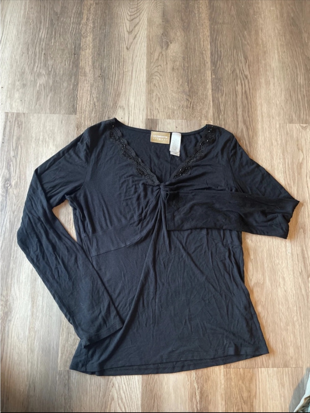 Liz Claiborne Black Long-Sleeve V-Neck Top with Lace Trim